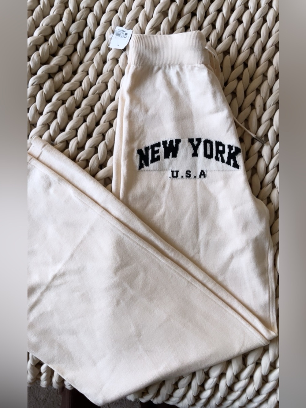 New York USA Cream Knit Lux Wide Leg Sweatpants NWT